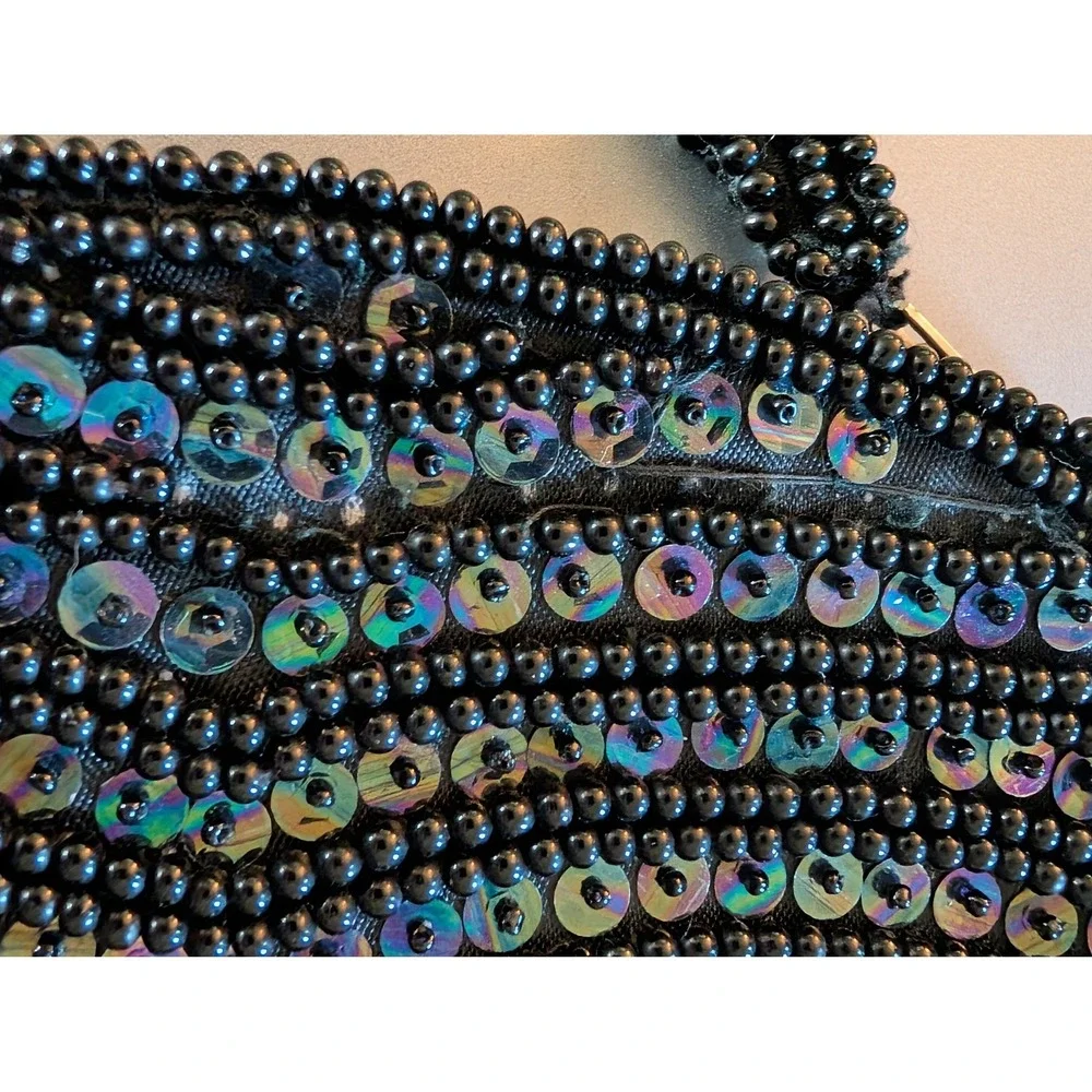 Vintage Handmade Beaded Sequin Clutch Bag Black Iridescent Evening Pouch Japan